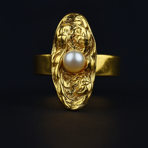 18K gold-plated textured statement ring with imitation pearl – adjustable minimalist jewelry for women