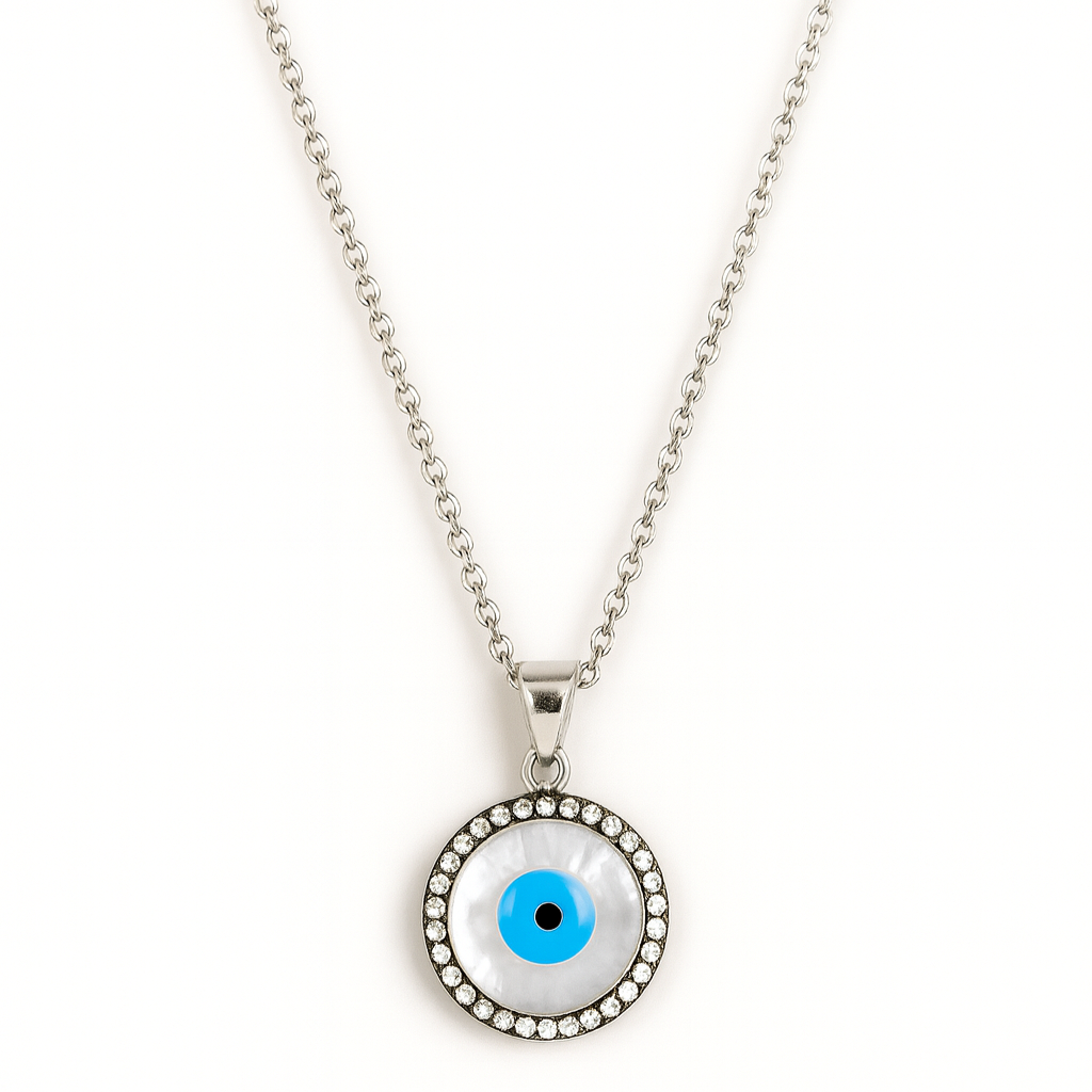 Necklace with an eye-shaped pendant on a white background