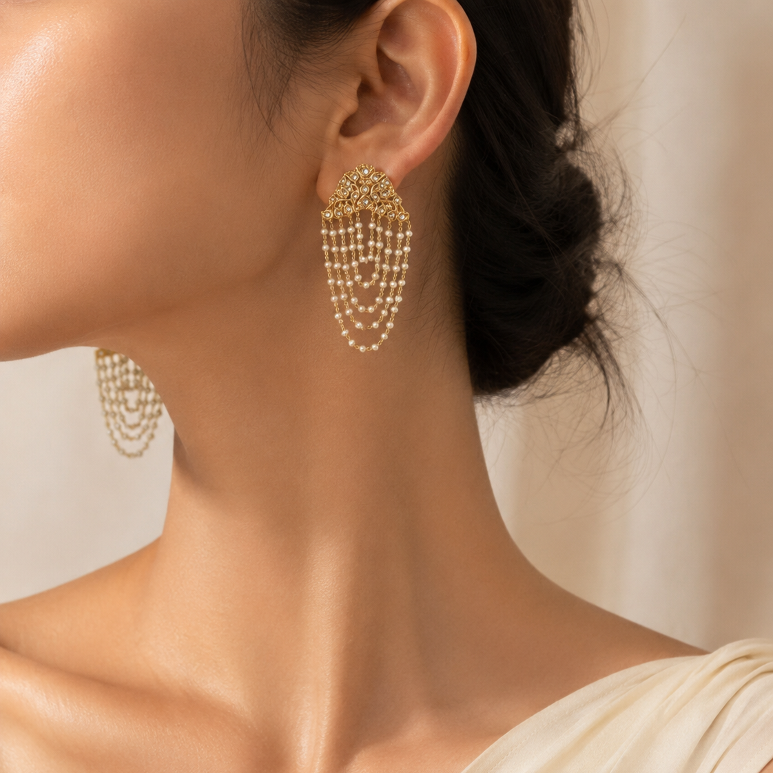 Luxury Kundan Pearl Chain Tassel Earrings
