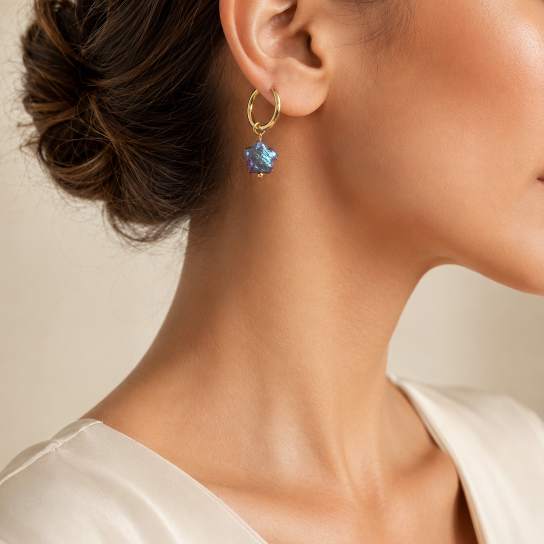 Peacock blue freshwater baroque pearl hoop earrings