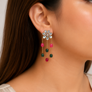 uxury Ruby Green Jade Kundan Floral Statement Earrings Gold Plated