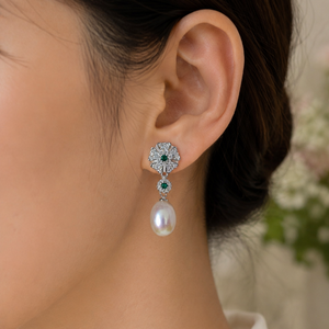 Freshwater Pearl Drop Earrings with Green Zircon in Sterling Silver
