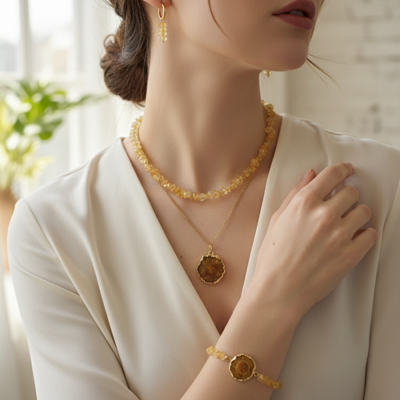 Woman wearing gold jewelry including a necklace, earrings, and bracelet indoors.