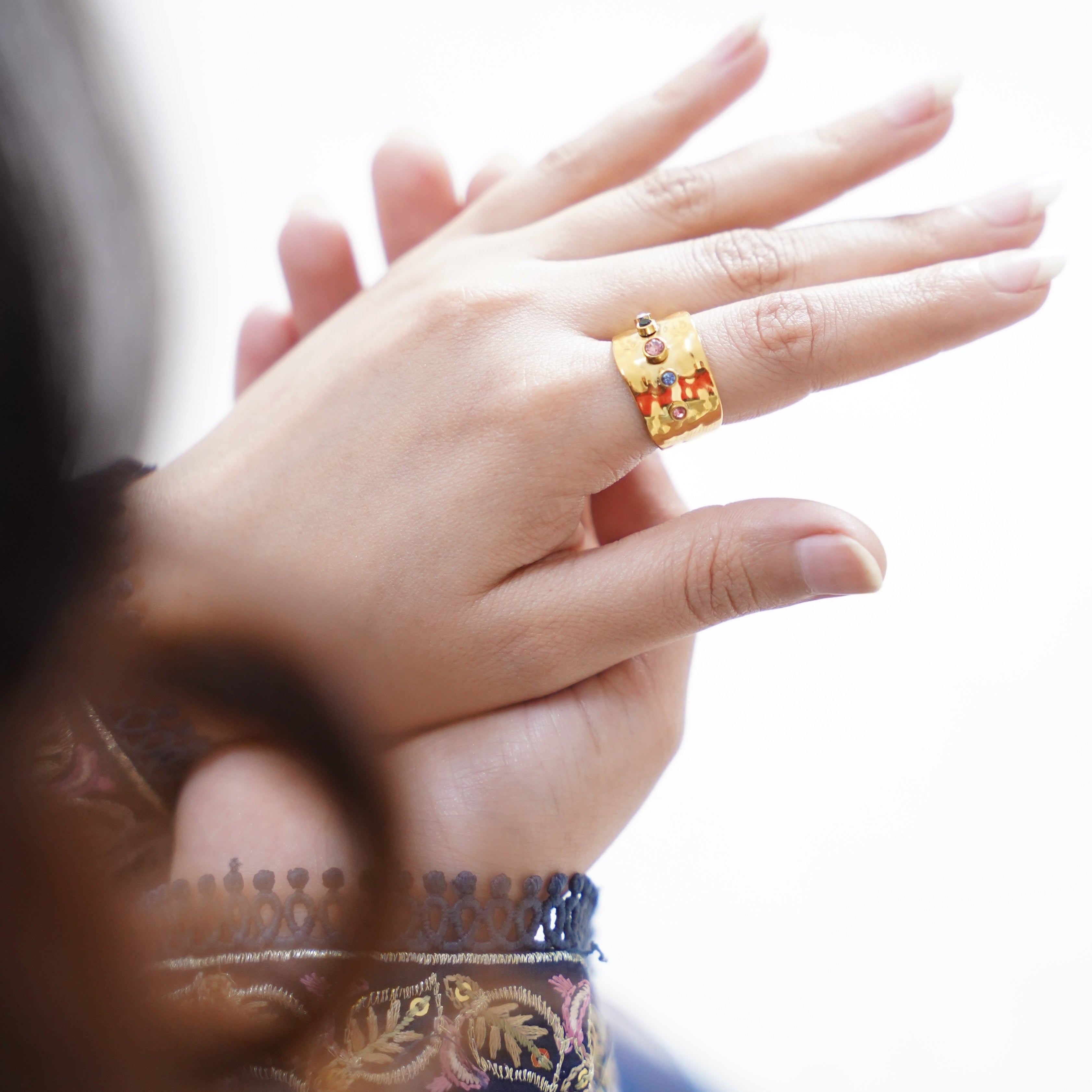 Cubic Zirconia Stone Crystal Wide Band Ring for Women – Waterproof 18K Gold Plated Jewelry