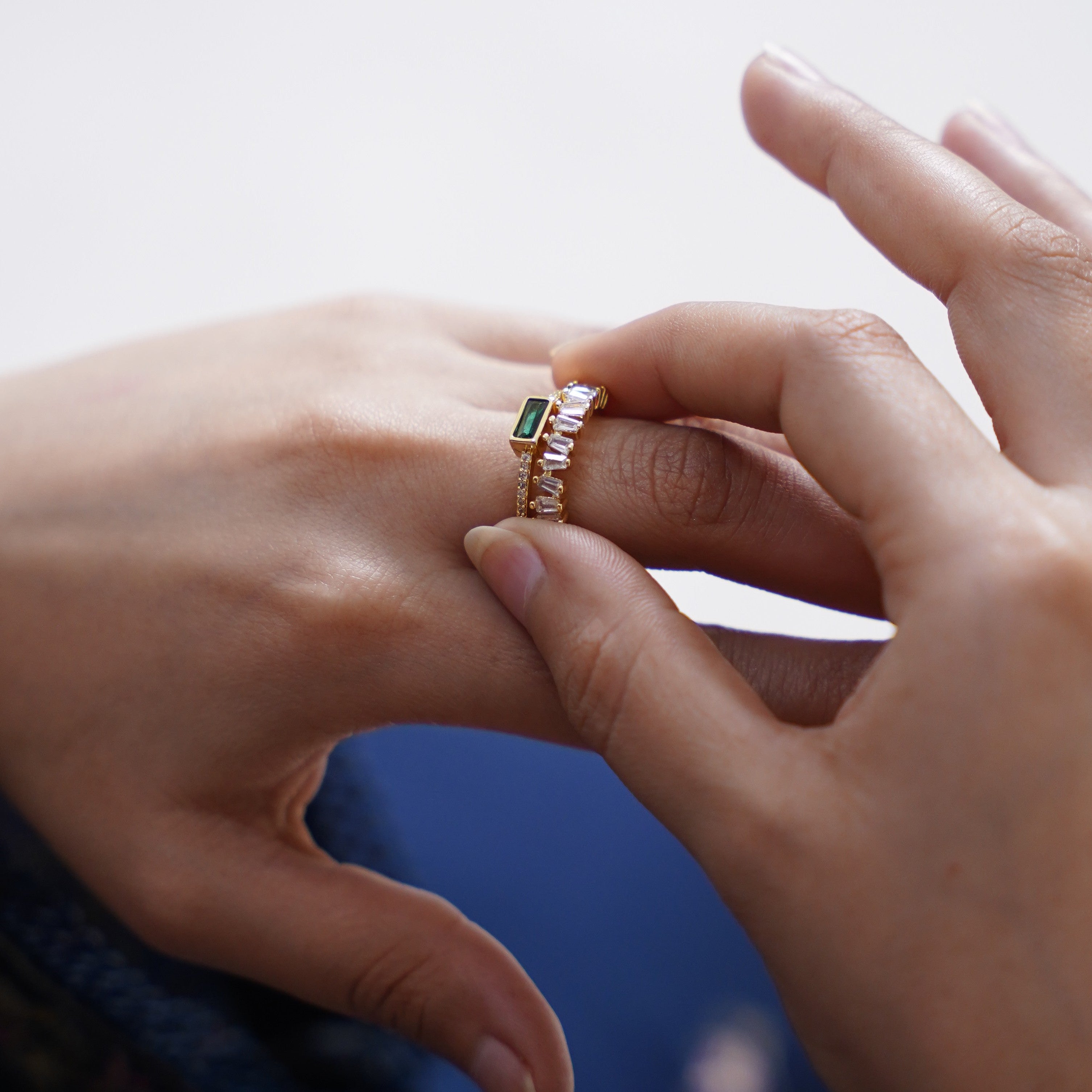 18K Gold-Plated Double Band Green Cubic Zirconia Ring with Baguette Zirconia – Urban Gear