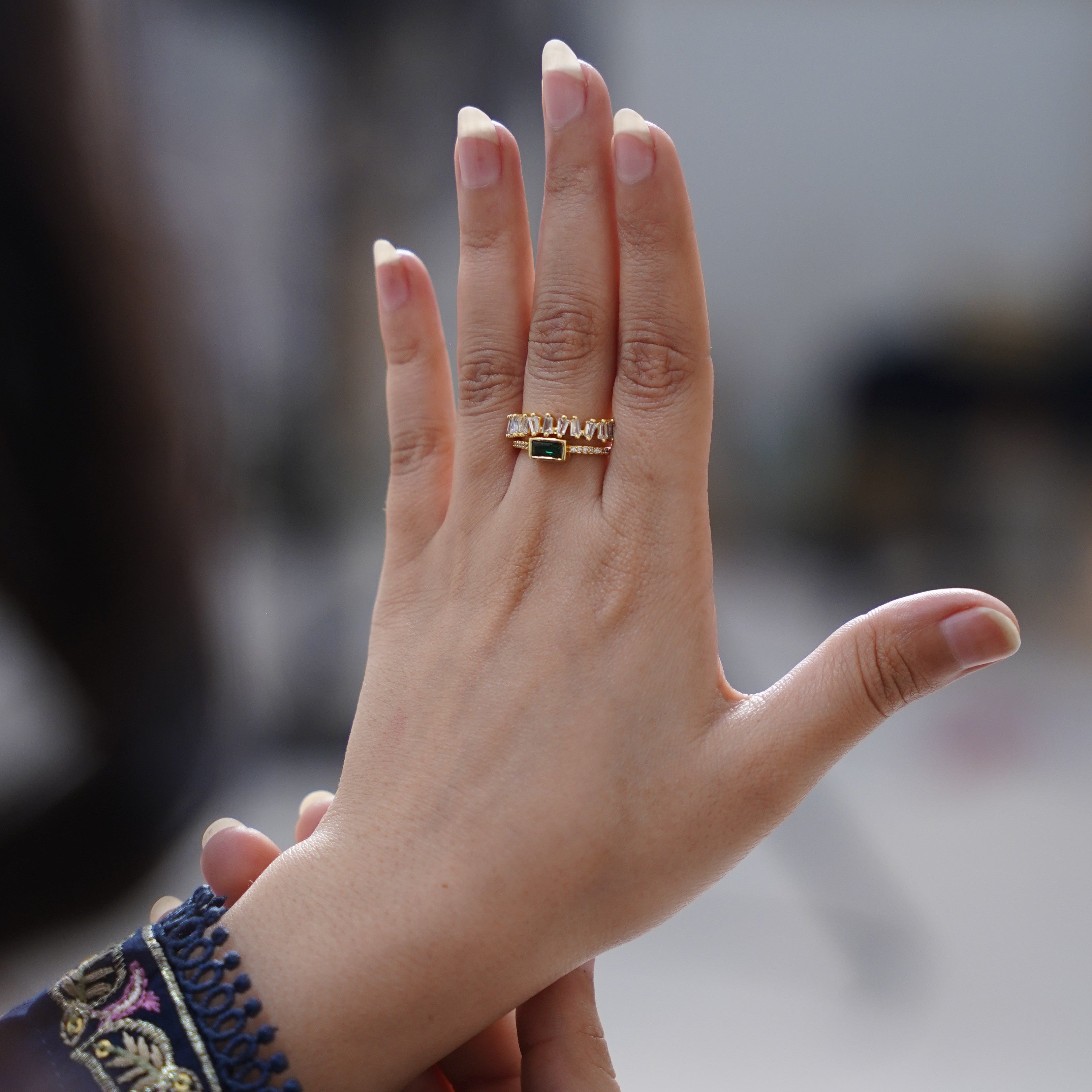 18K Gold-Plated Double Band Green Cubic Zirconia Ring with Baguette Zirconia – Urban Gear