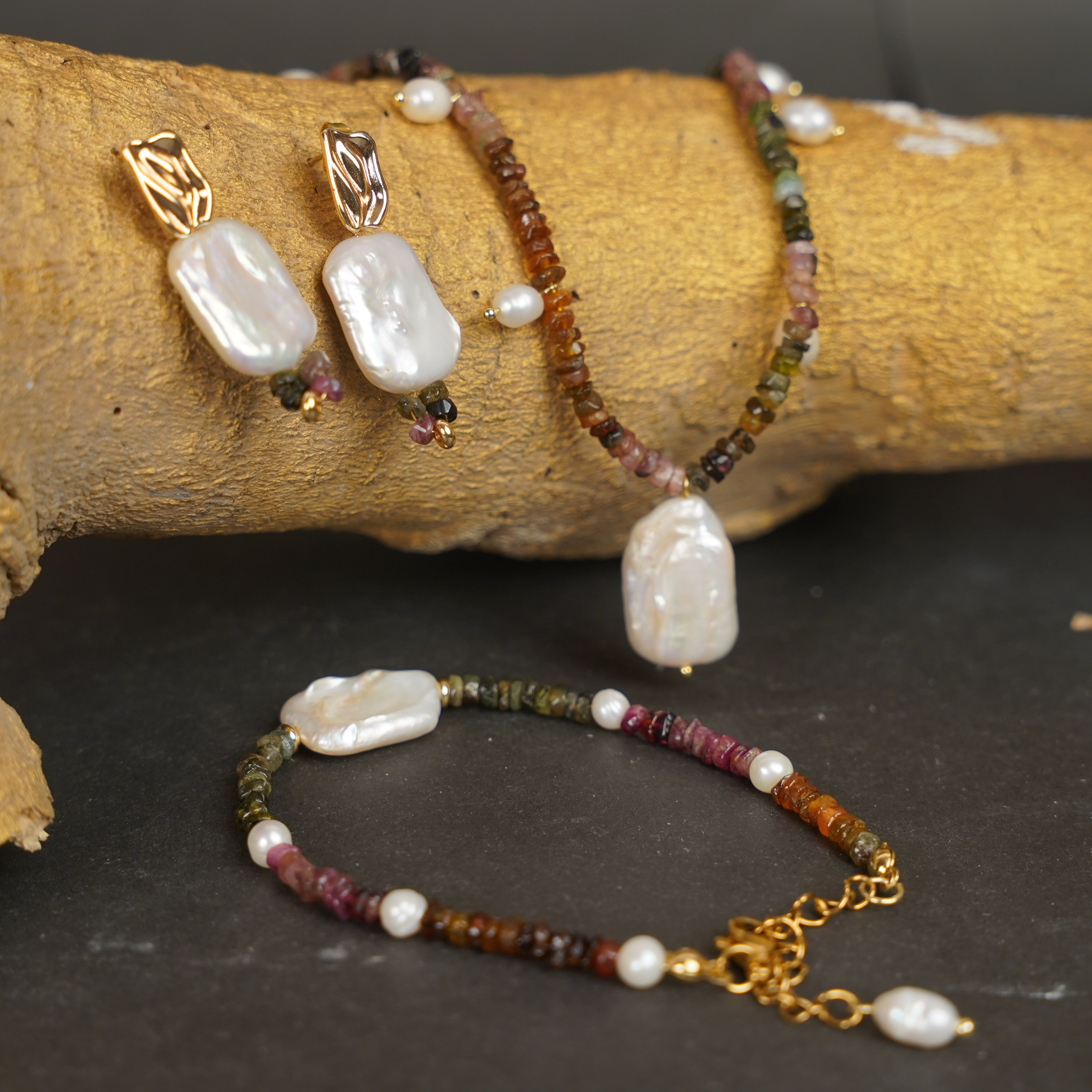 Multicolor Tourmaline & Baroque Pearl Jewelry Set – Necklace, Bracelet & Earrings