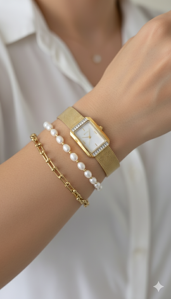 Gold watch and pearl bracelet on a wrist against a white background