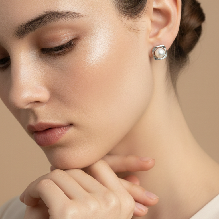 Shop freshwater pearl stud earrings in pure sterling silver (chandi 925). Minimal, elegant and perfect for everyday wear. Available at Urban Gear Pakistan.