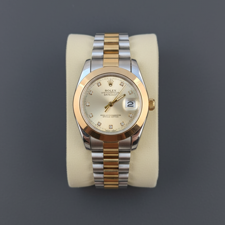 Luxury two-tone automatic wristwatch with diamond hour markers, gold and silver stainless steel bracelet, displayed on cushion