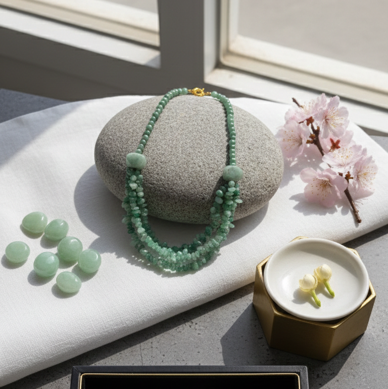 Handcrafted green aventurine multi strand gemstone necklace