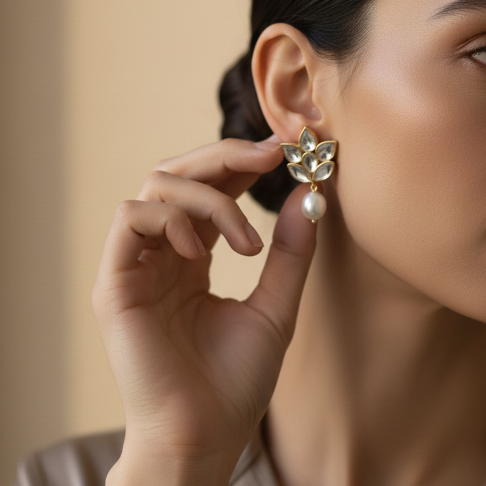Gold plated kundan pearl earrings for women
