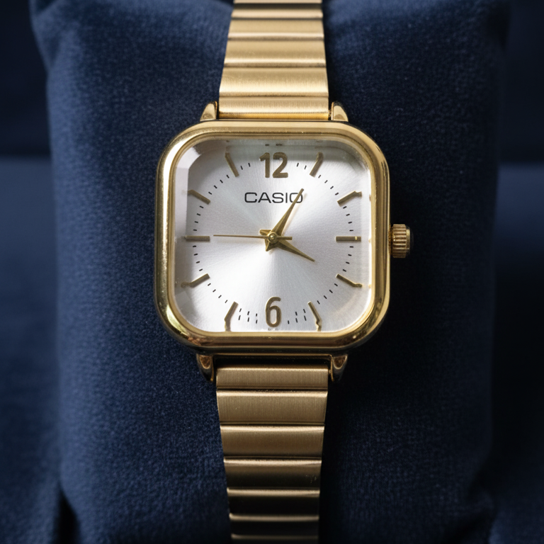Gold Casio watch on a dark blue fabric background