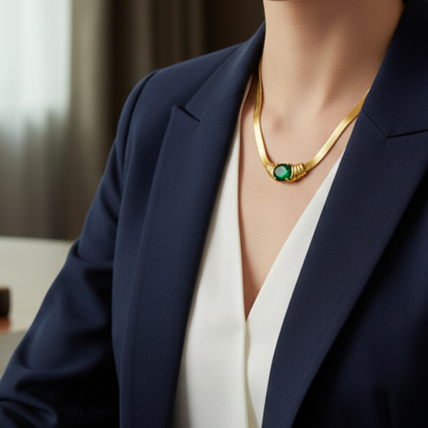 18K Gold-Plated Necklace with Green Oval Gemstone – Elegant Women’s Jewelry