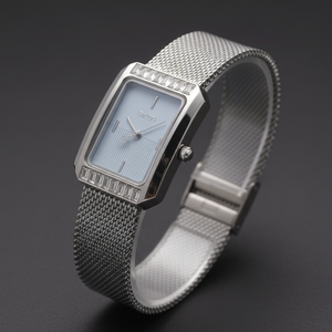 Silver watch with a mesh band on a dark background