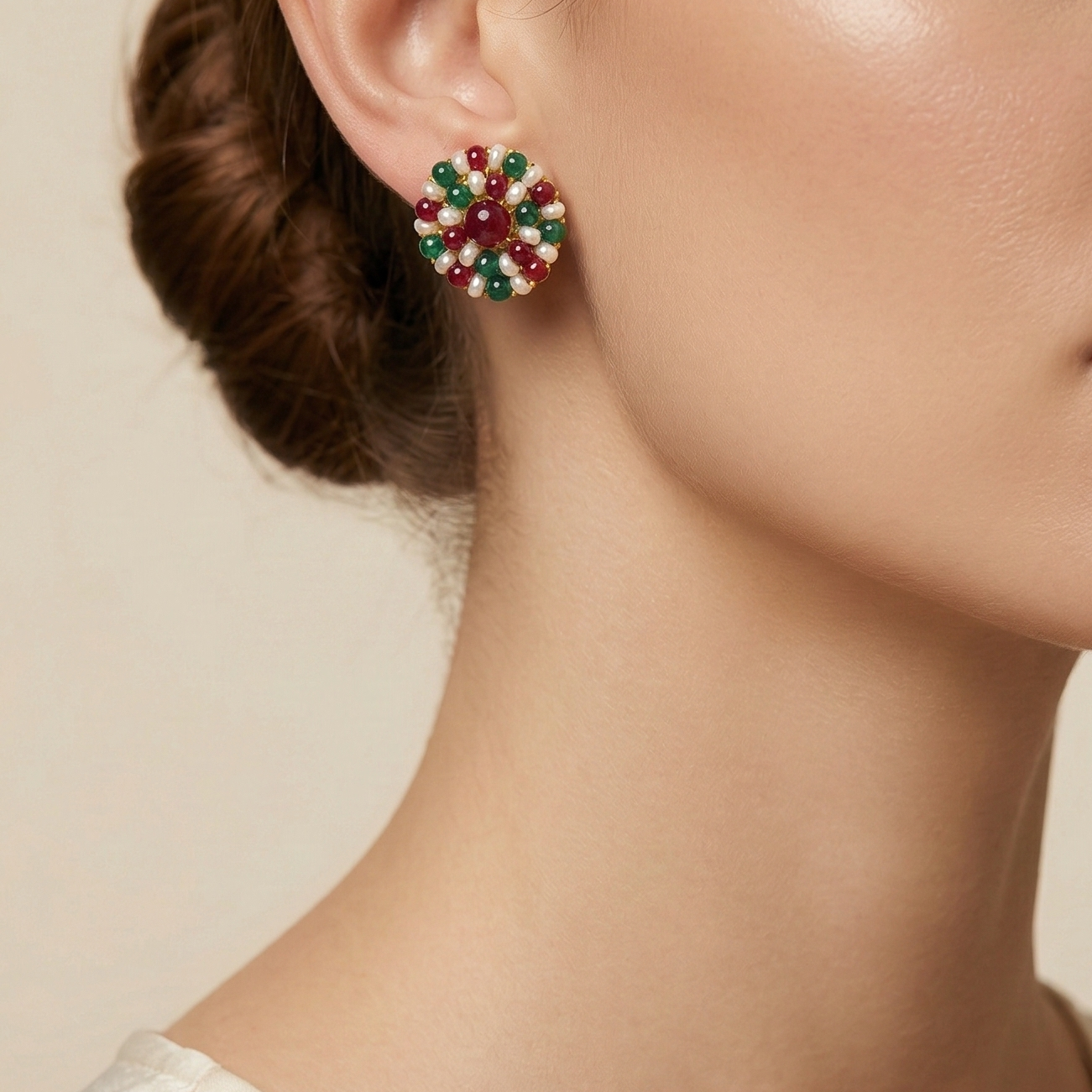 Handmade pearl and gemstone stud earrings for women