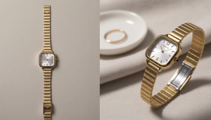 Gold watch with a white face on a beige background