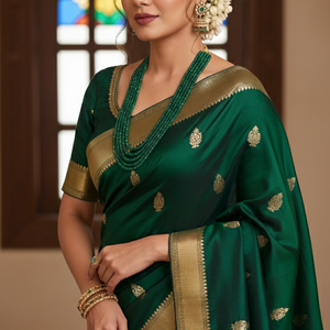 Woman wearing a green saree with gold details indoors