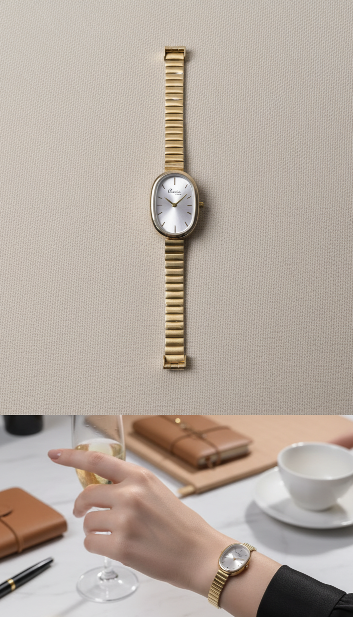 Gold watch on wrist with a neutral background