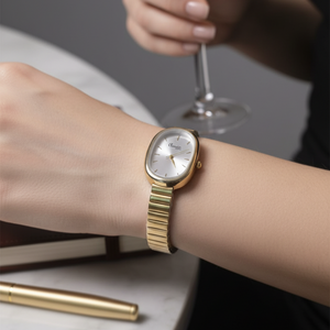 Gold watch on a wrist with a blurred background
