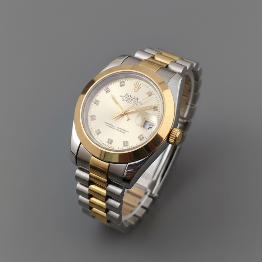 Two-tone Rolex watch with silver and gold band on a gray background