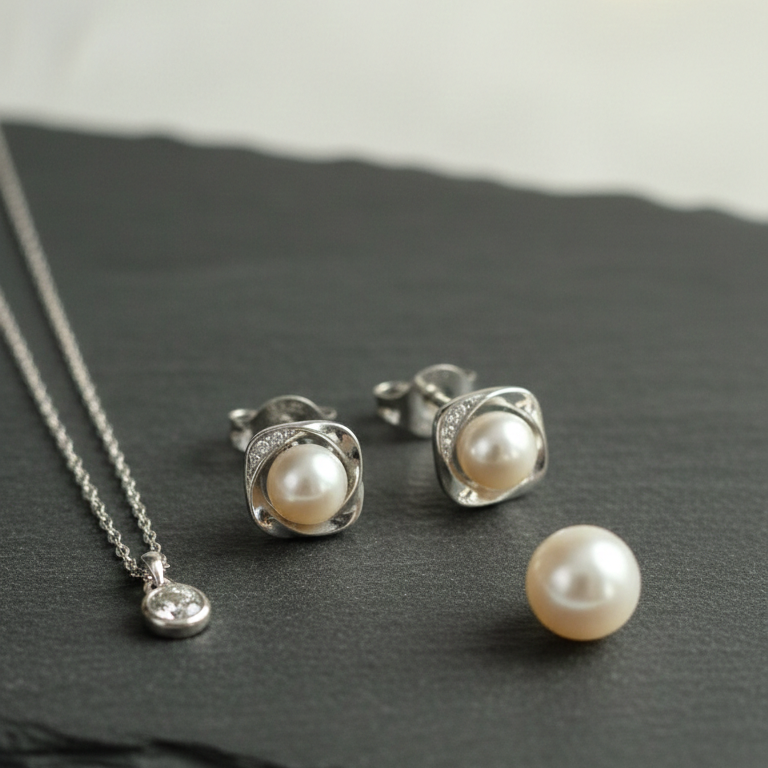 Freshwater pearl stud earrings in sterling silver 925 chandi