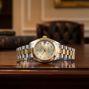 Gold and silver watch on a wooden surface with a blurred background
