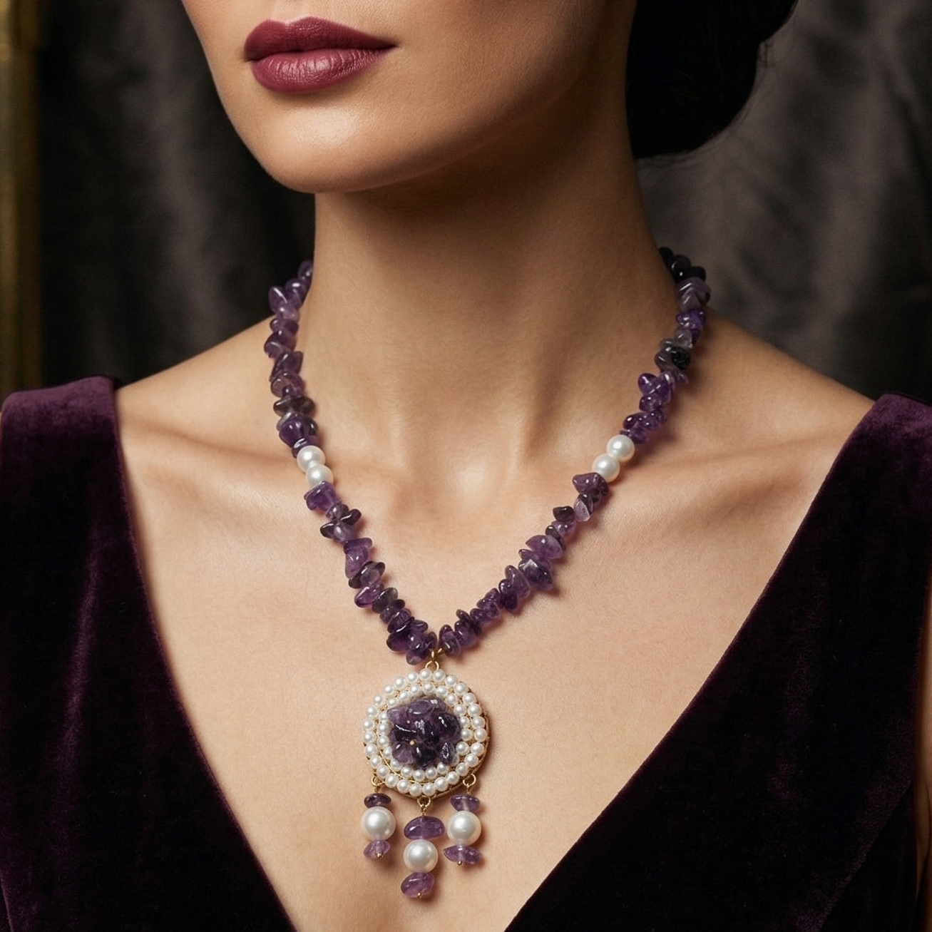 Amethyst necklace with pearl pendant