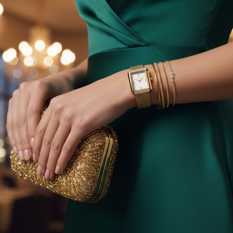 Woman's hand holding a gold clutch with a gold watch and bracelet, blurred lights in the background