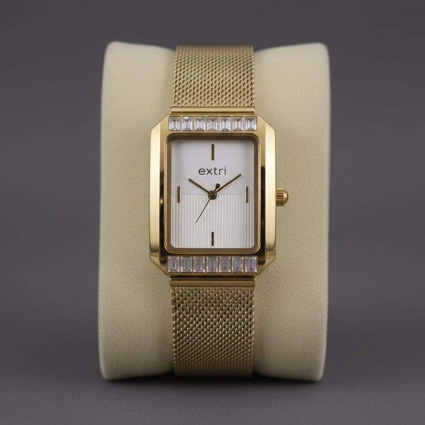 Gold wristwatch with a white face on a gray background
