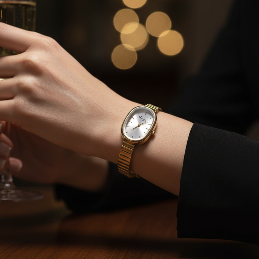 Gold watch on a wrist with blurred lights in the background