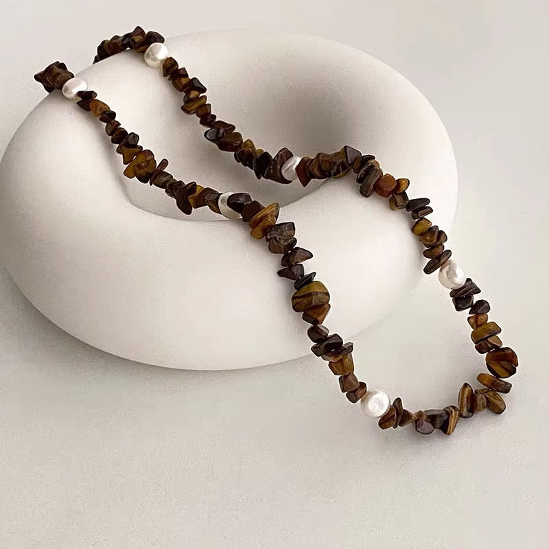 Handcrafted Tiger’s Eye and Pearl Healing Stone Necklace | Turquoise and Pearl Necklace for Protection and Balance Urbangear