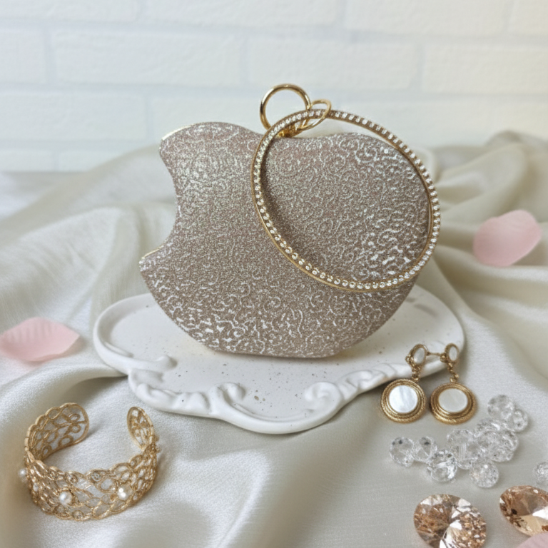 Luxury gold crystal clutch with round ring handle – evening and party handbag by Urban Gear