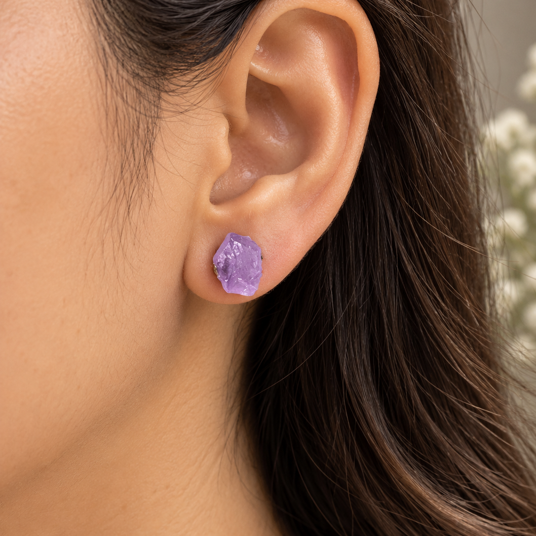 Natural amethyst raw stone stud earrings in purple with approximately 2 cm length
