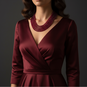 Maroon dress with long sleeves and a deep neckline on a dark background