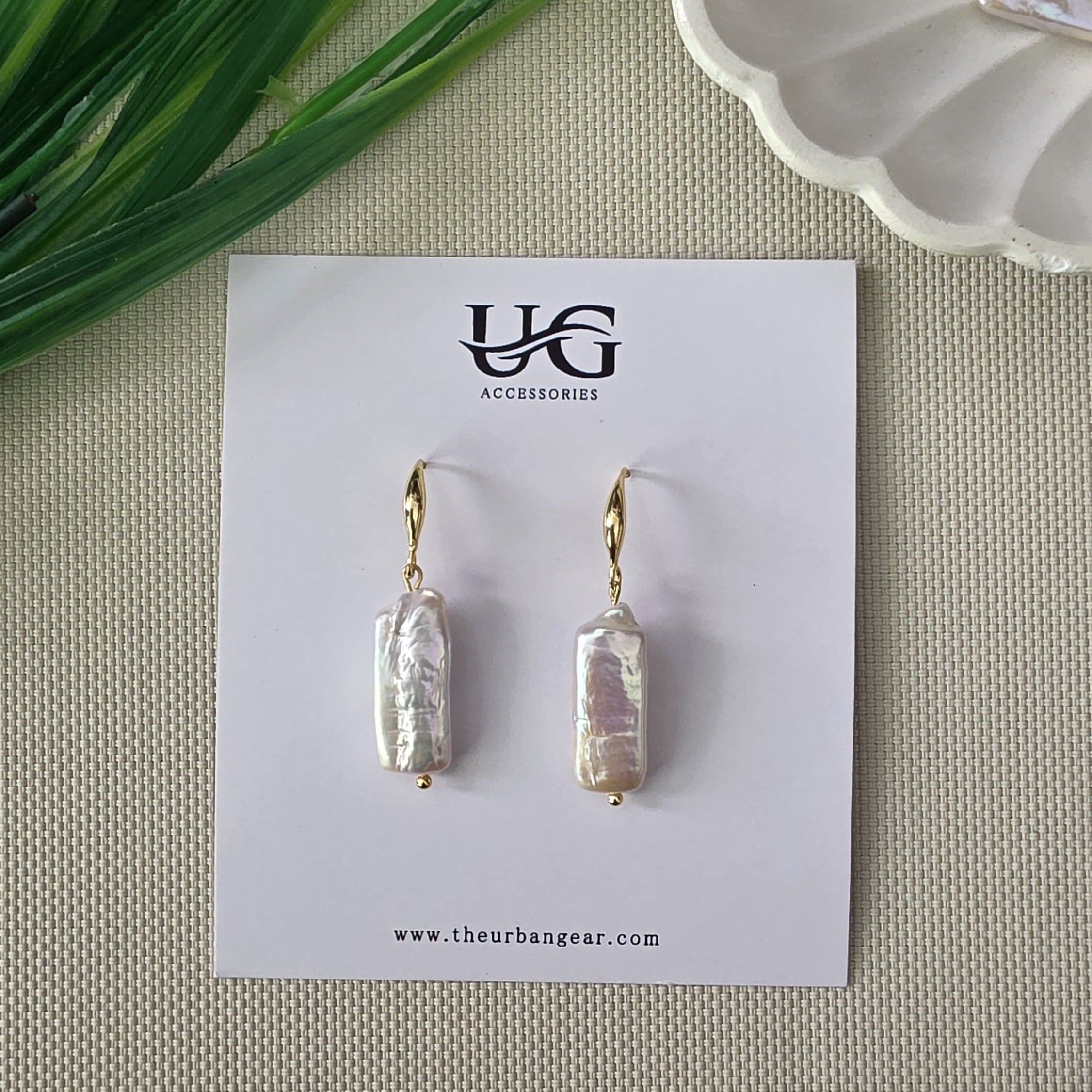 Rectangular freshwater pearl earrings with gold hooks on display card – Urban Gear