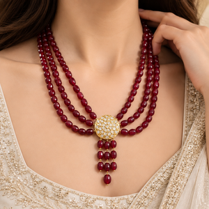 Original Ruby Jade Stone 3 layer necklace with gold-tone centerpiece