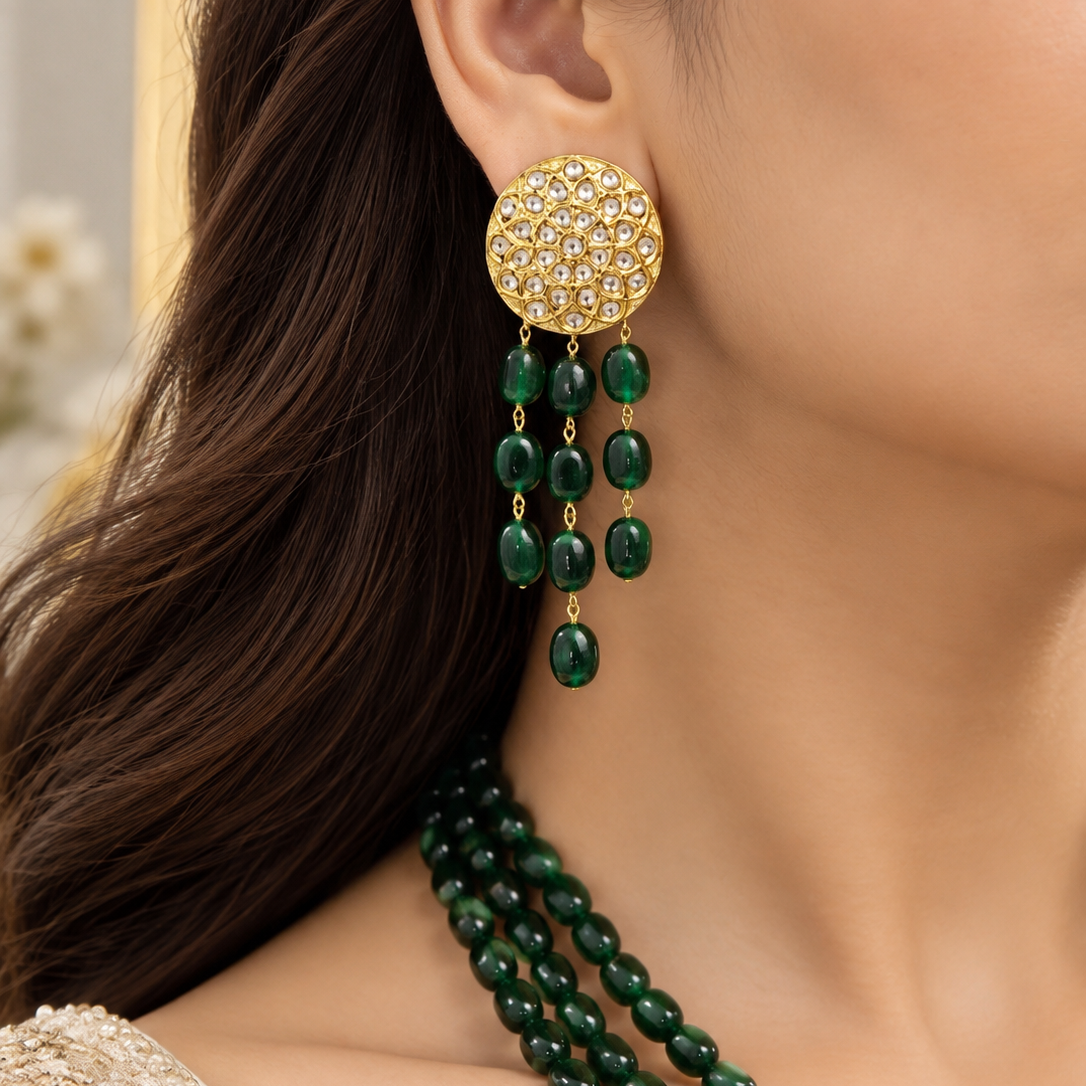 Original Emerald Jade Stone 3 layer necklace with gold-tone centerpiece