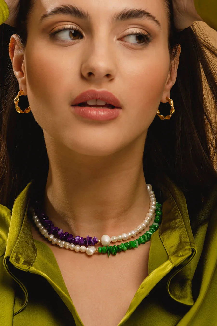 Luxury Green Aventurine & Amethyst Freshwater Pearl Choker Necklace – Handcrafted Elegance