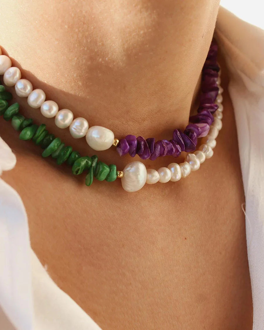 Luxury Green Aventurine & Amethyst Freshwater Pearl Choker Necklace – Handcrafted Elegance