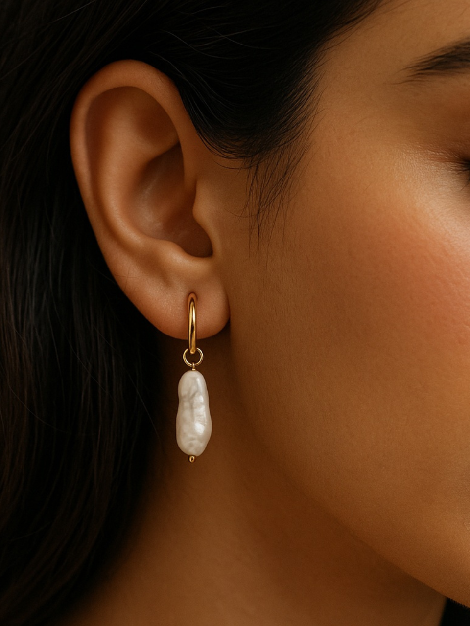 Close-up of an ear wearing a gold earring with a pearl drop.