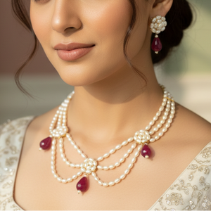 Pearl ruby-accent necklace and earrings set by Urban Gear