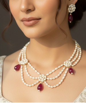 Pearl ruby-accent necklace and earrings set by Urban Gear
