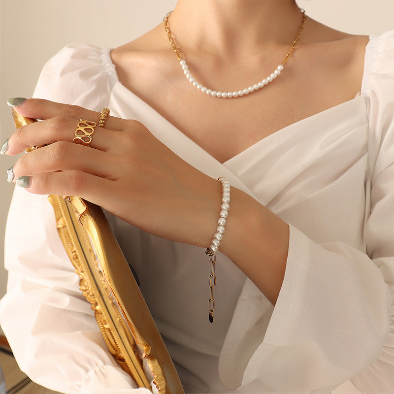 18K Gold-Plated Chain with Semi-Precious Pearls - Necklace & Bracelet Set