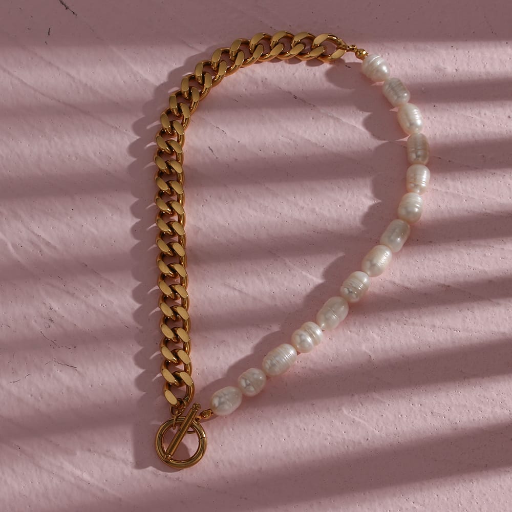 18K Gold-Plated Half Freshwater Pearl Chunky Chain Necklace