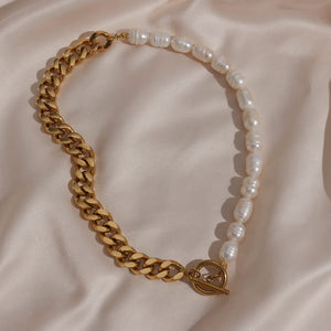 18K Gold-Plated Half Freshwater Pearl Chunky Chain Necklace