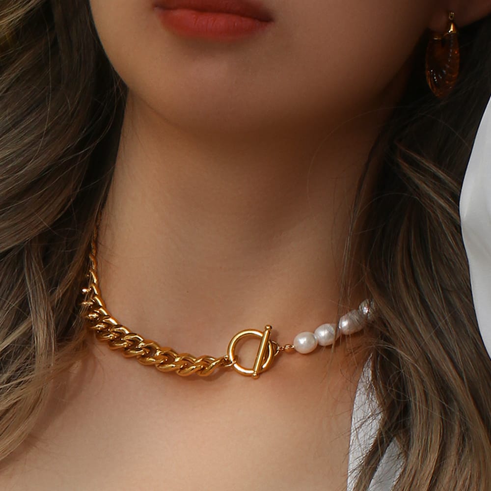 18K Gold-Plated Half Freshwater Pearl Chunky Chain Necklace