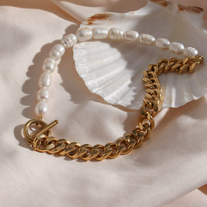 18K Gold-Plated Half Freshwater Pearl Chunky Chain Necklace