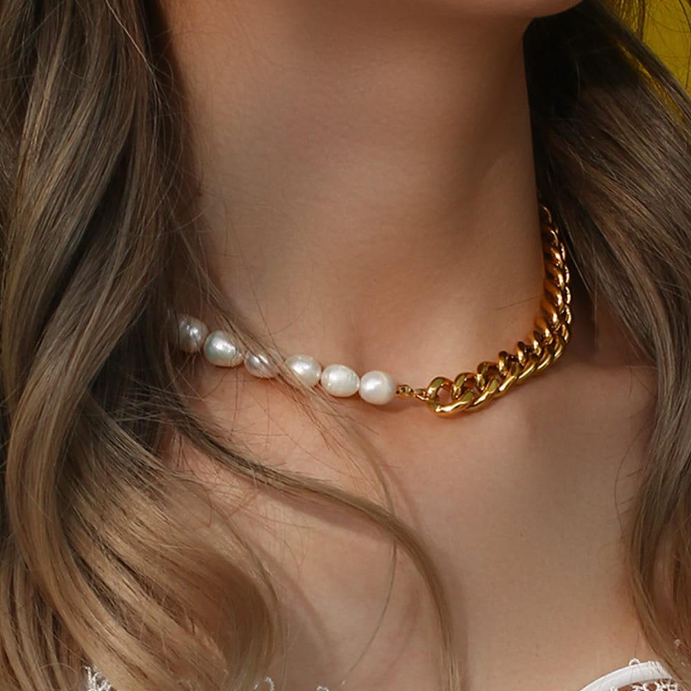 18K Gold-Plated Half Freshwater Pearl Chunky Chain Necklace