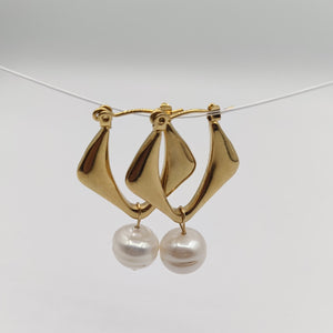 Gold-Plated Freshwater Pearl Drop Earrings with Modern Twist Design